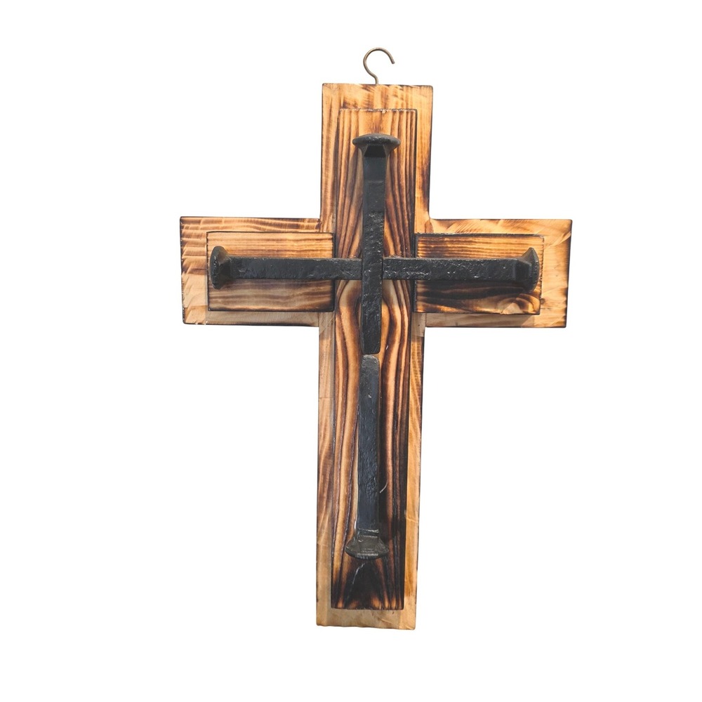 Handcrafted Distressed Wood Cross, Black Metal Nail Spikes, Rustic Spiritual Art